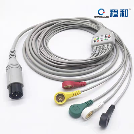 One Piece 5 Lead ECG cable and lead Wires  Snap